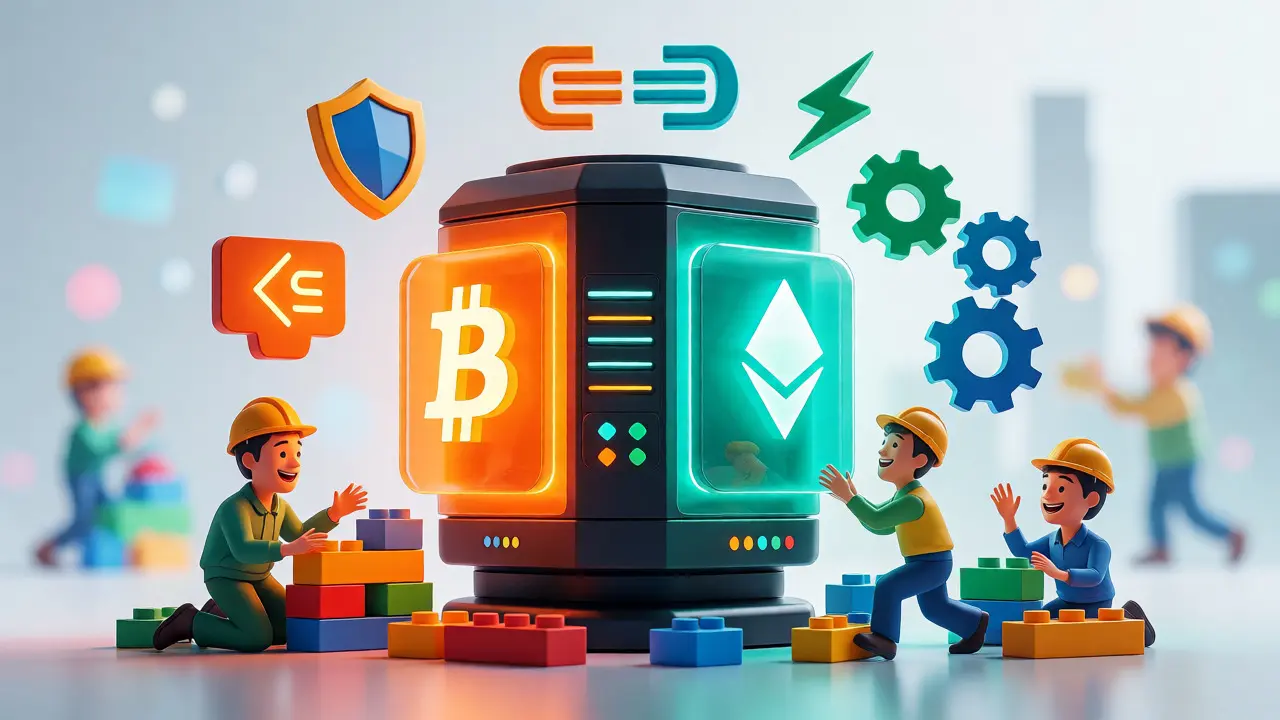 Cartoon developers building a dual-colored hybrid tech hub for BOB crypto.