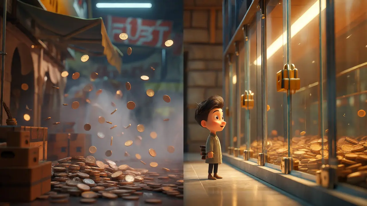 Cartoon investor comparing a foggy, unstable crypto market with a secure, fortified vault.