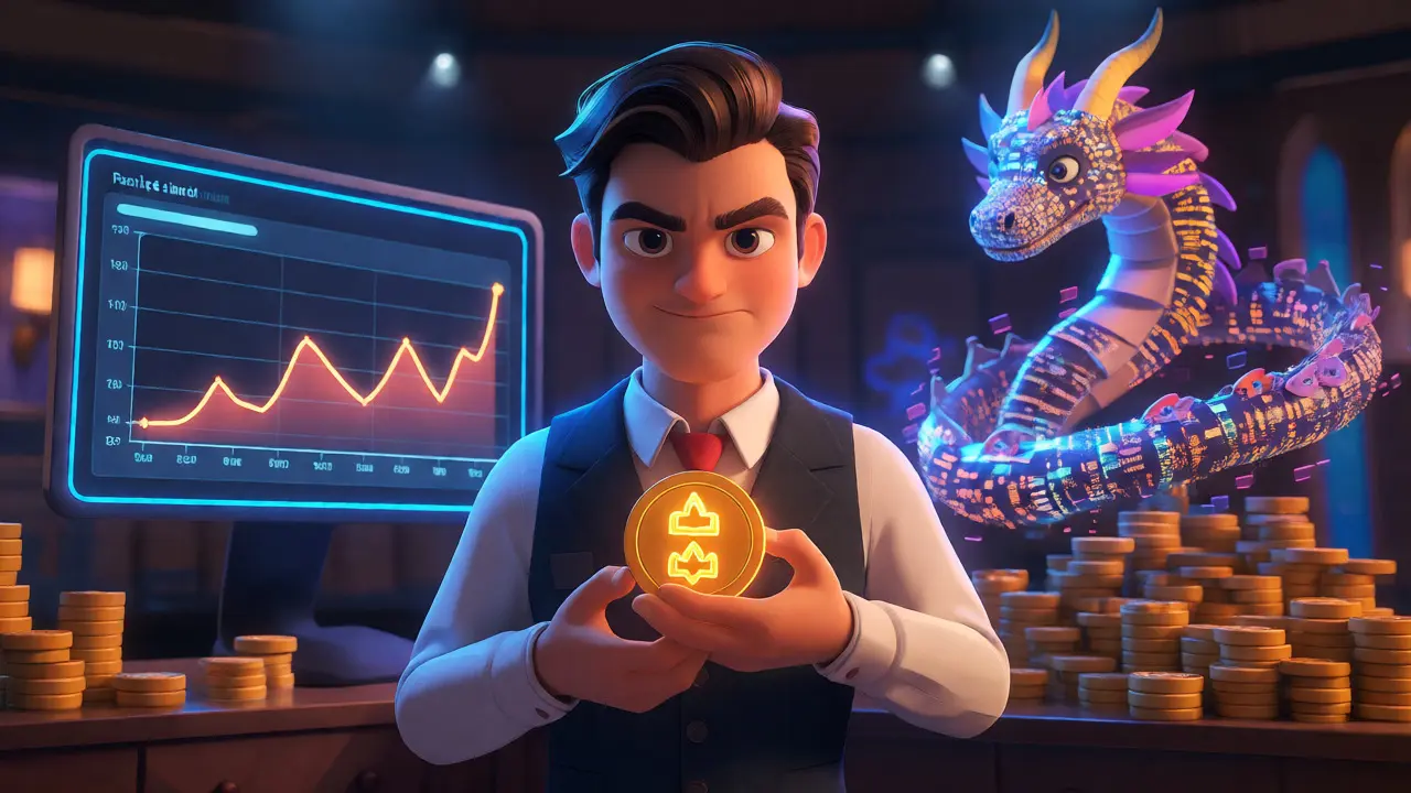 Cartoon investor holding governance token near a holographic yield dashboard