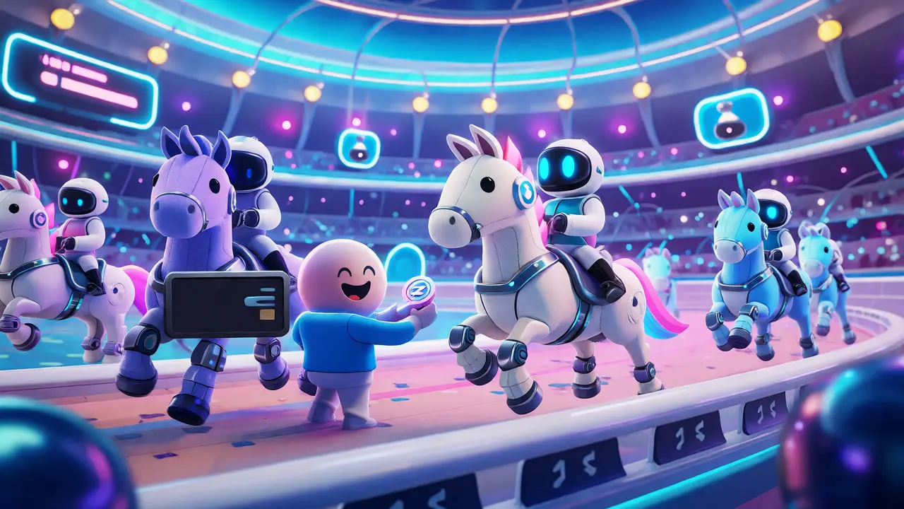 Cartoon robots riding NFT horses in a futuristic hippodrome using ZERC tokens for entry.