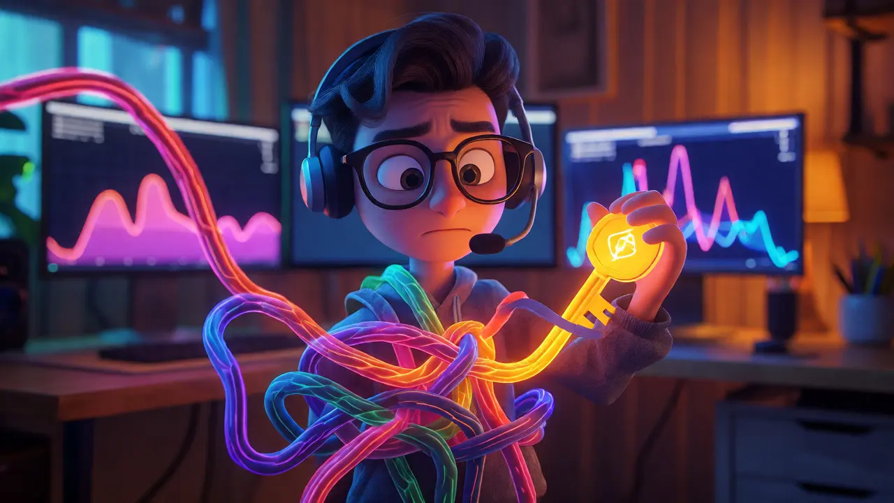 Cartoon trader untangling complex blockchain networks with a glowing key.