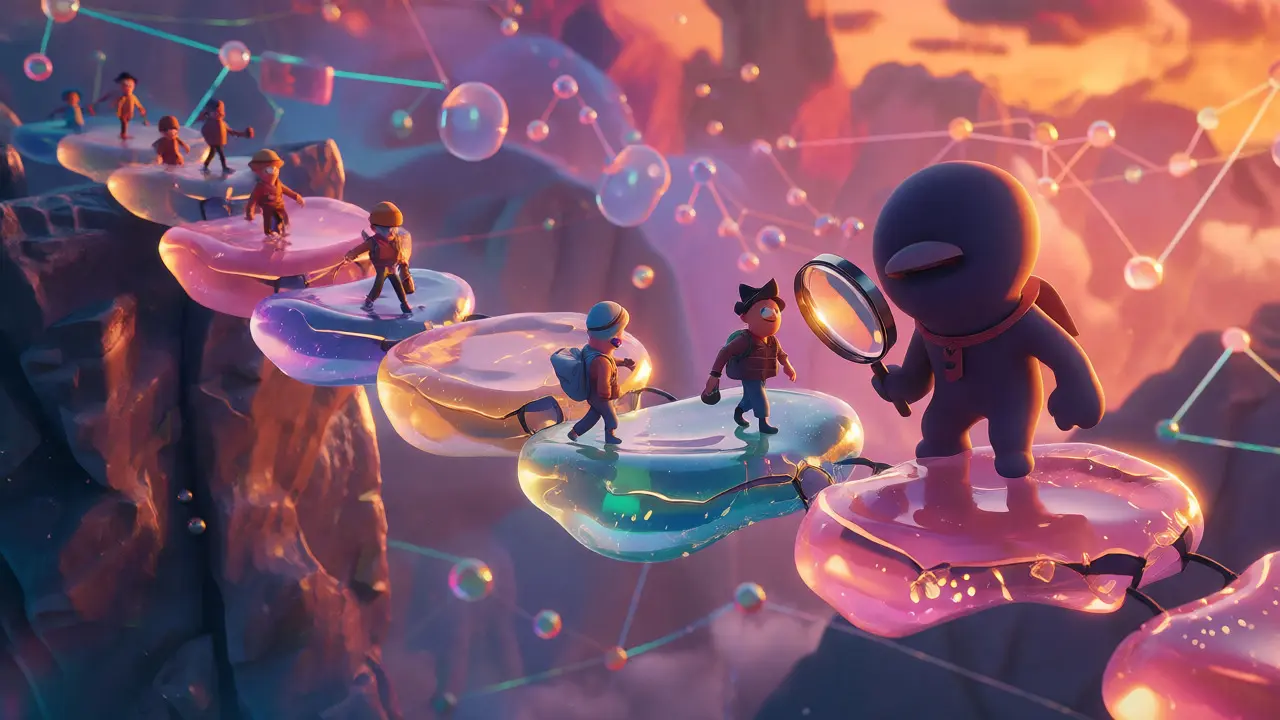 Cartoon traders crossing a fragile bridge of liquidity pools with a security guard