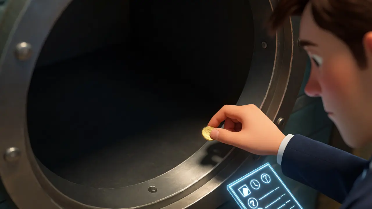 Character cautiously placing a coin into a dark, empty vault.