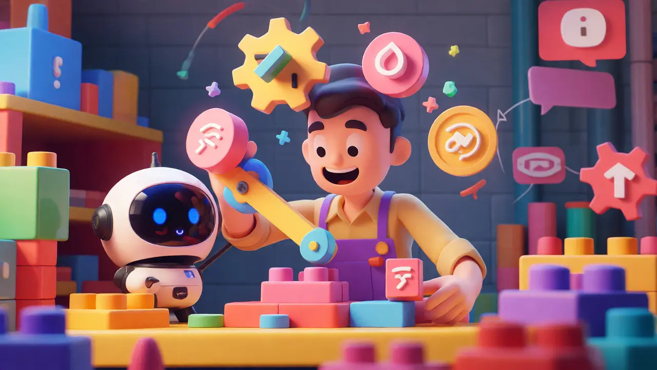 Cheerful inventor building crypto token with no-code tools in Pixar style