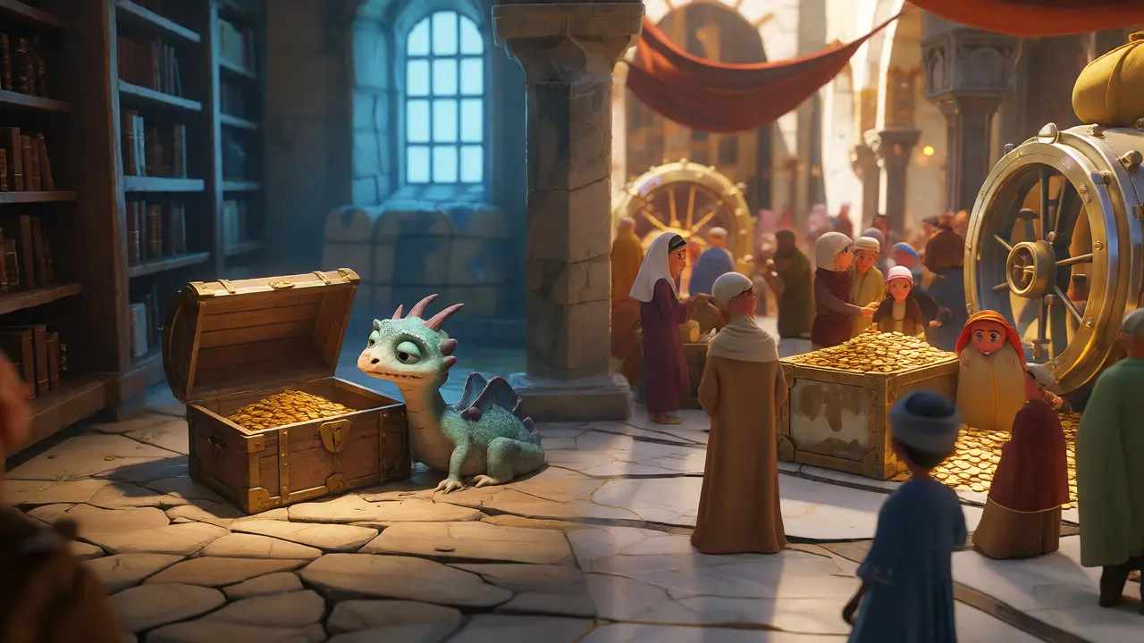 Contrast between a lonely treasure chest and a bustling marketplace full of traders.