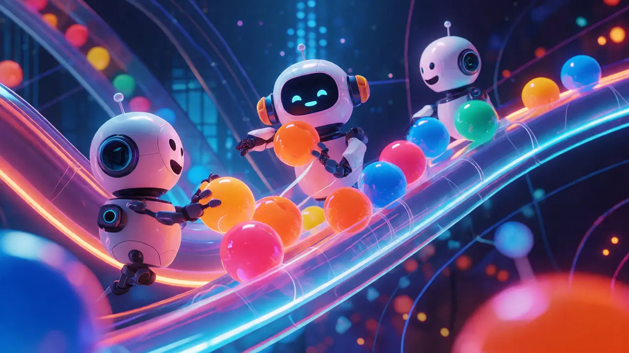 Cute robots managing colored tokens in a digital liquidity pool environment.