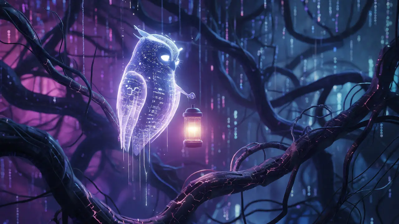 Glowing AI owl illuminating bugs in dark tangled smart contract code