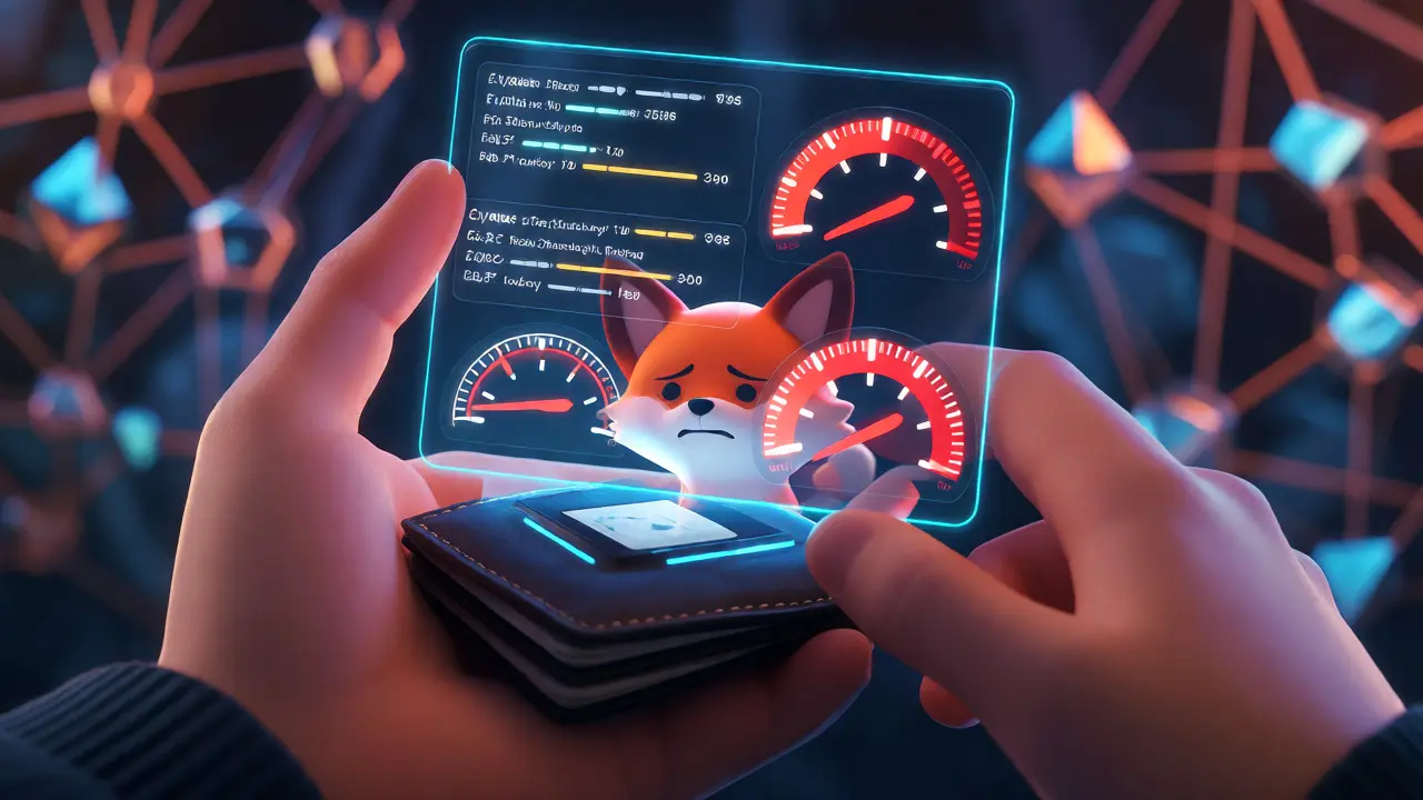 Hands using holographic wallet interface with high gas fee warnings