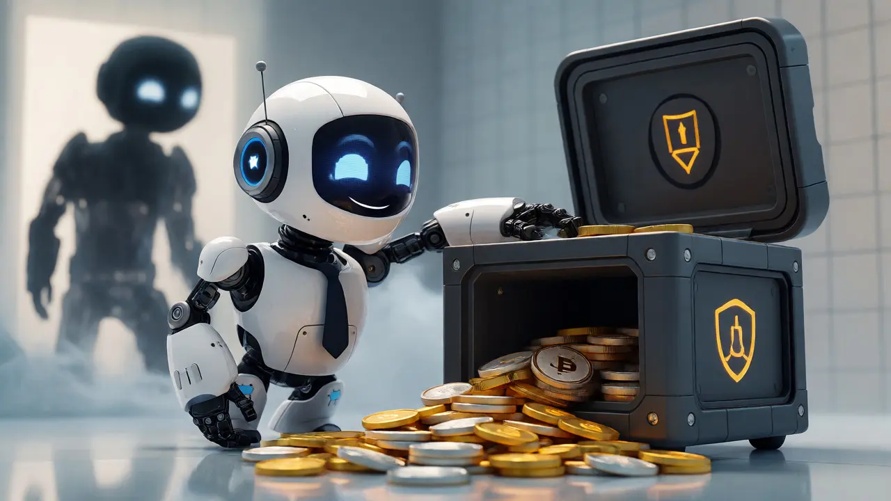 Happy cartoon robot moving crypto coins into a high-tech safe, leaving a fading shadow behind.