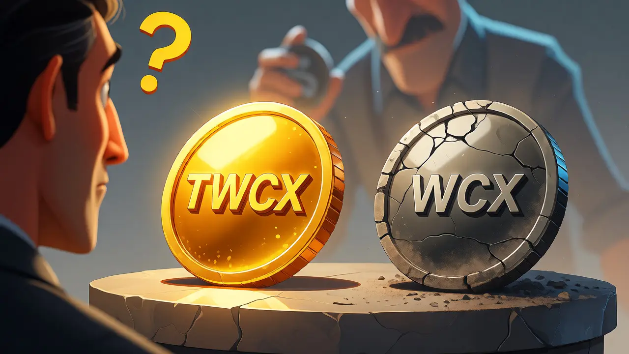 Illustration comparing a shiny crypto coin with a cracked, old one.