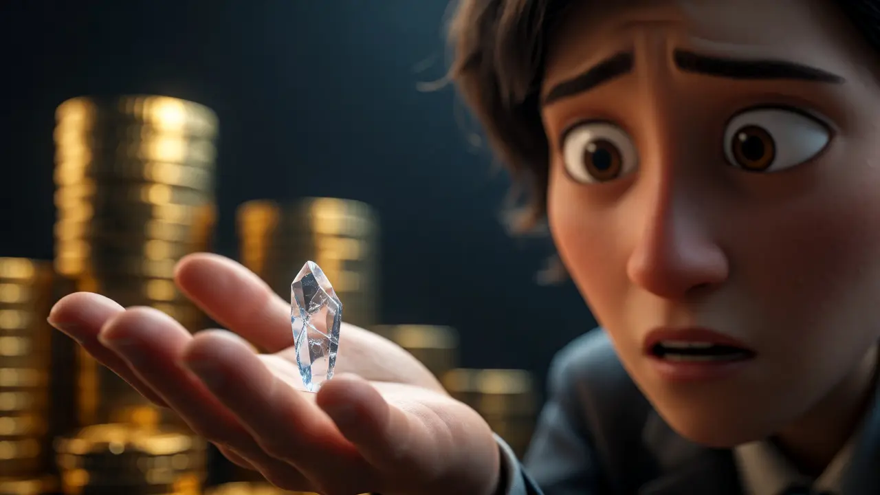 Investor holding a fragile crystal token amidst solid gold coins