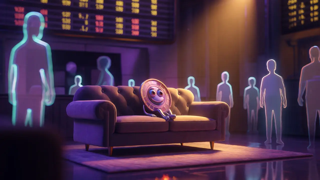 Lonely digital token on a sofa representing low market liquidity