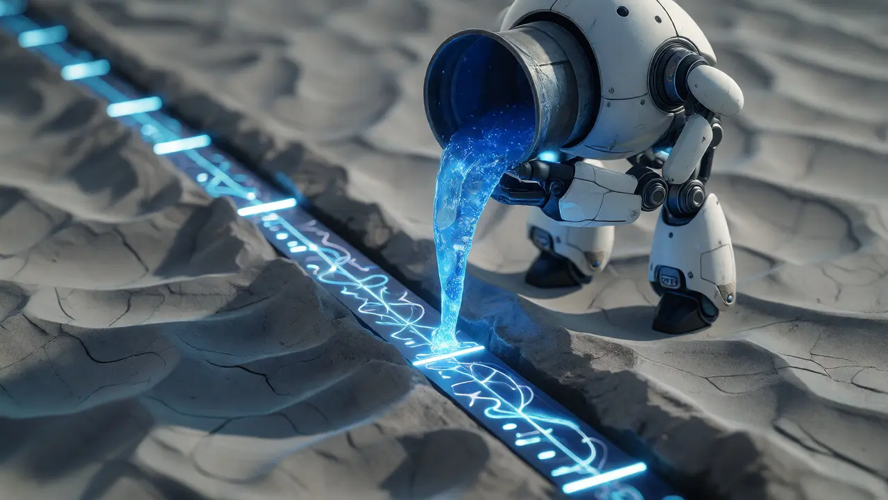 Robot pouring liquid into a narrow channel to show concentrated liquidity.