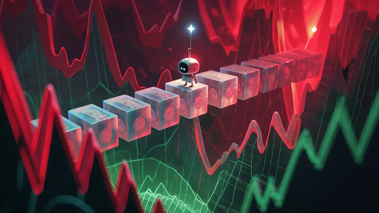 Small robot navigating volatile crypto markets toward a shining artistic goal