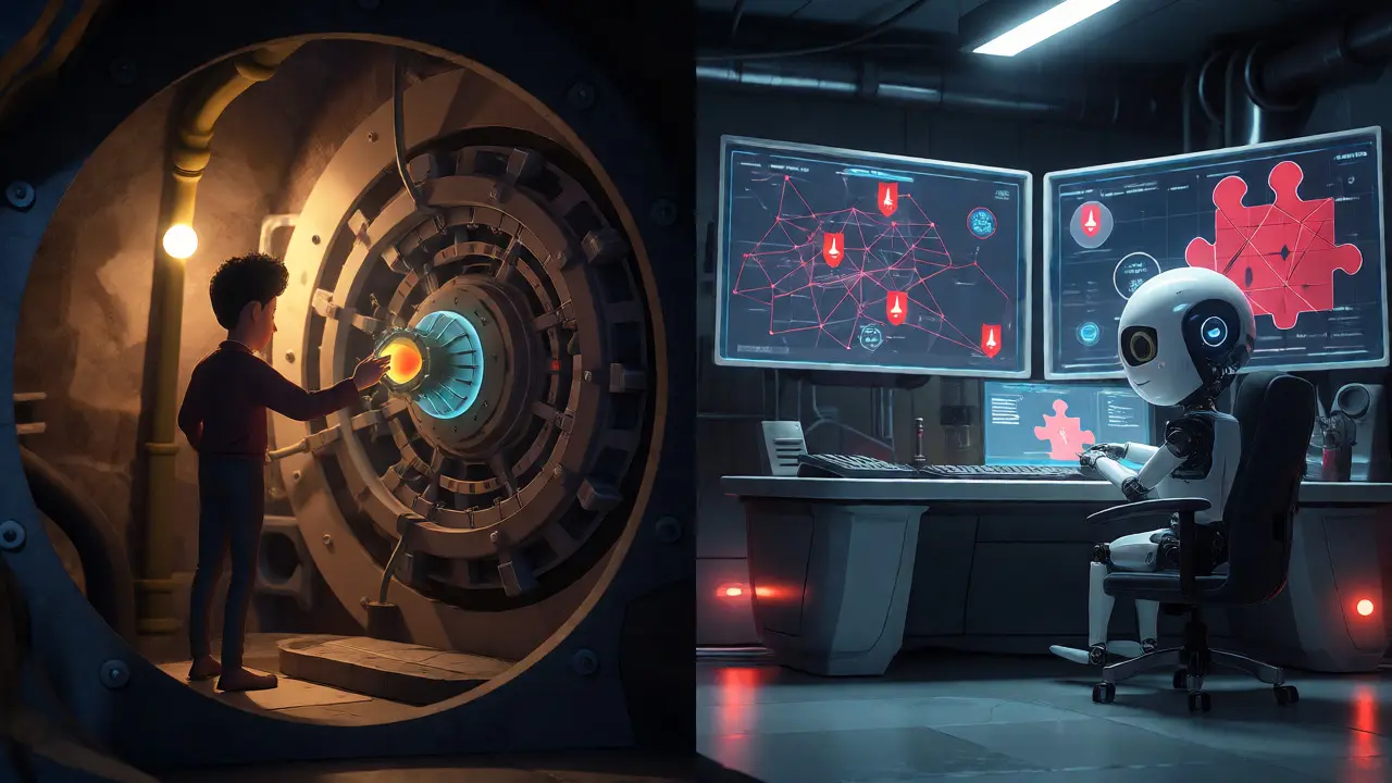 Split scene showing private vault storage versus AI surveillance analysis.