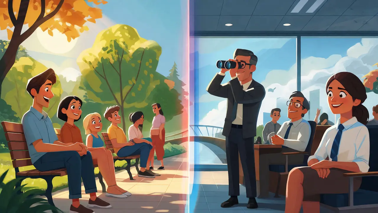 Split scene showing relaxed Canadian investors versus waiting US observers