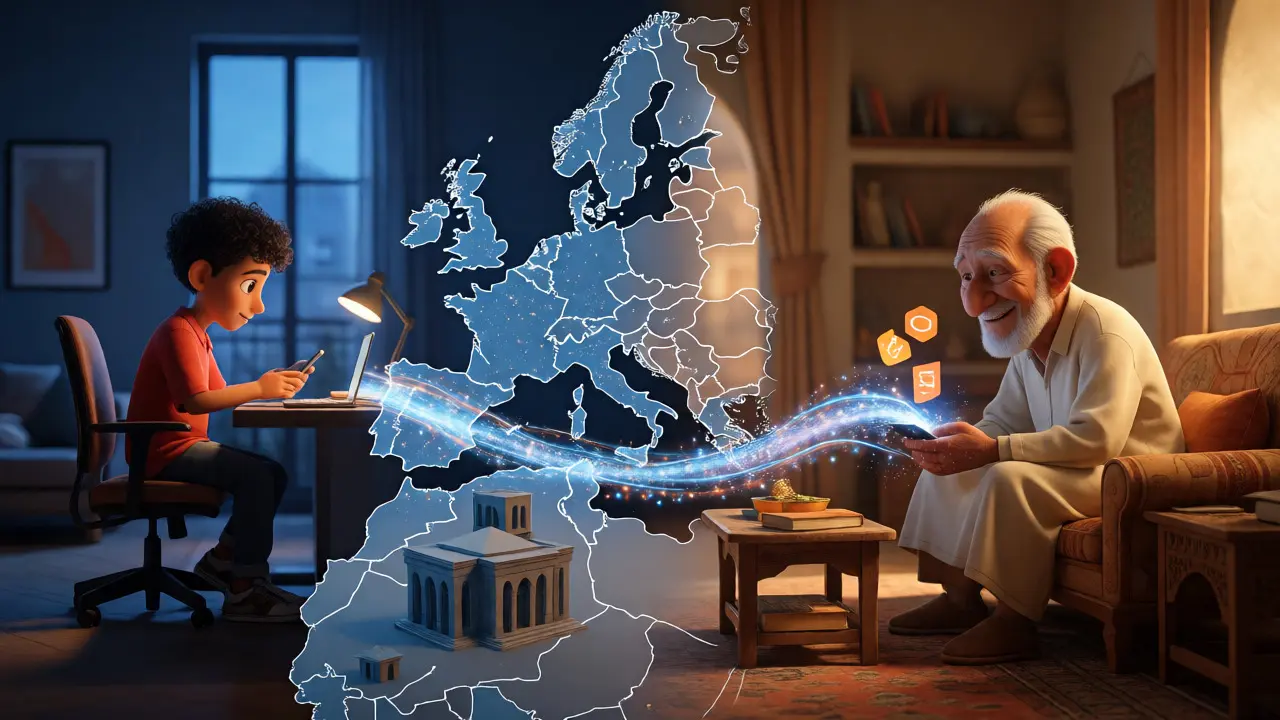 Split view of remittance from France to Morocco via digital light