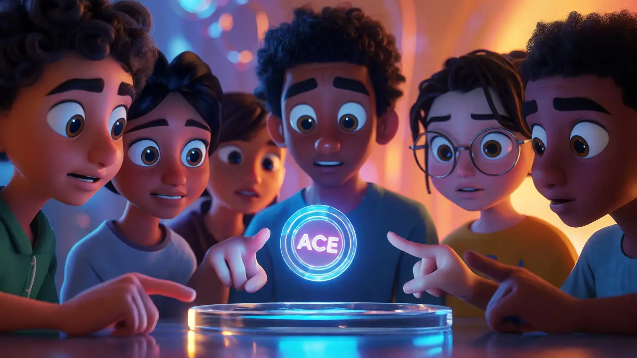 Stylized community members examining a floating holographic ACE token