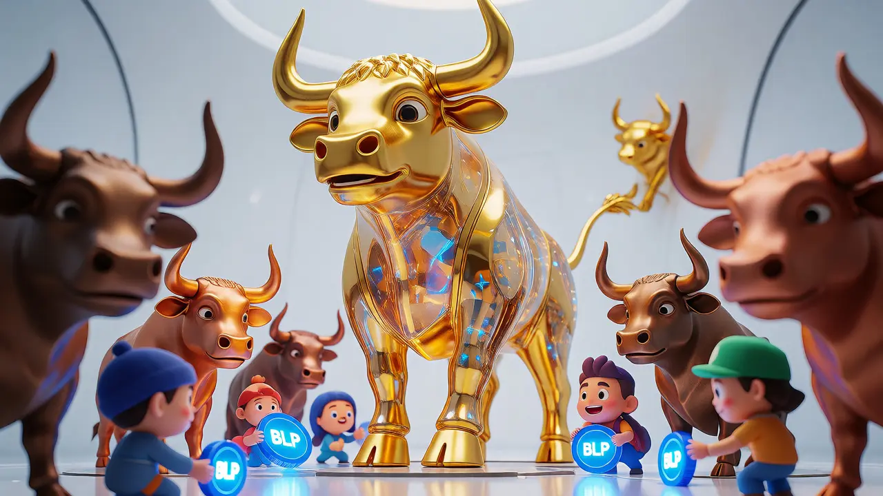 Stylized golden and bronze bull statues receiving tokens from cute avatars in a futuristic hall.