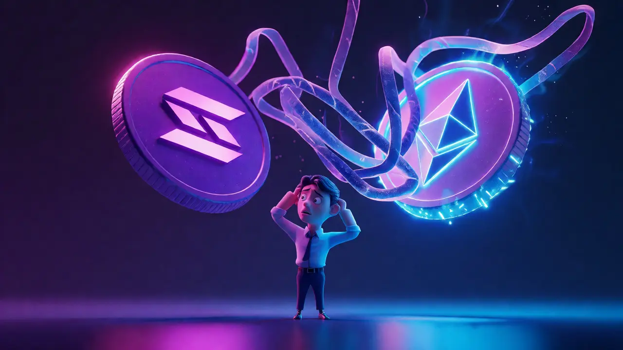 Tangled Solana and Ethereum coins confusing a cartoon investor