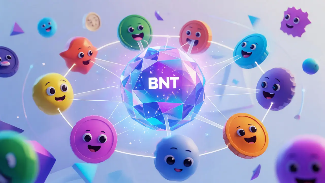The central BNT token acts as a hub, connecting various crypto assets in a unified network structure.