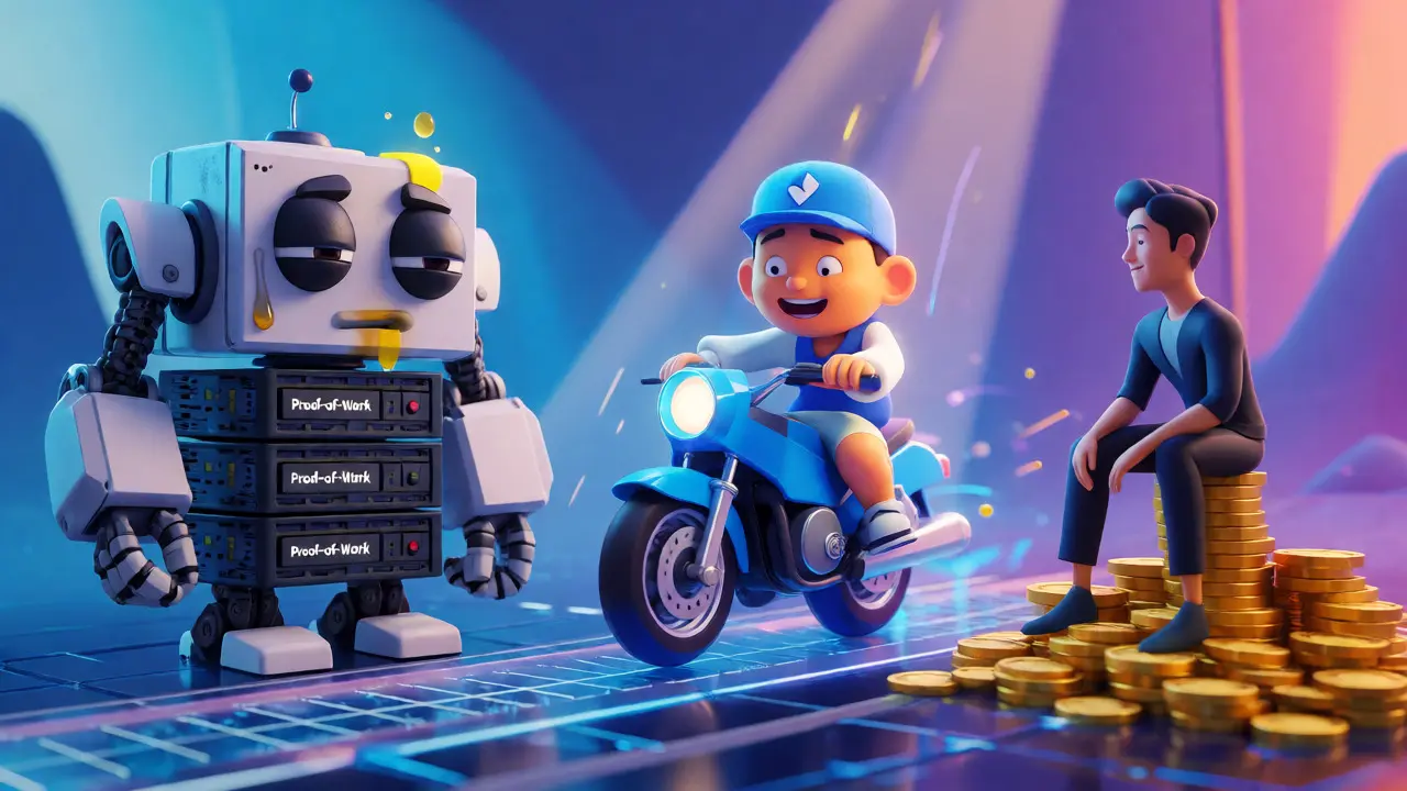 Three stylized characters representing different crypto mining methods, with a motorbike rider in the center.
