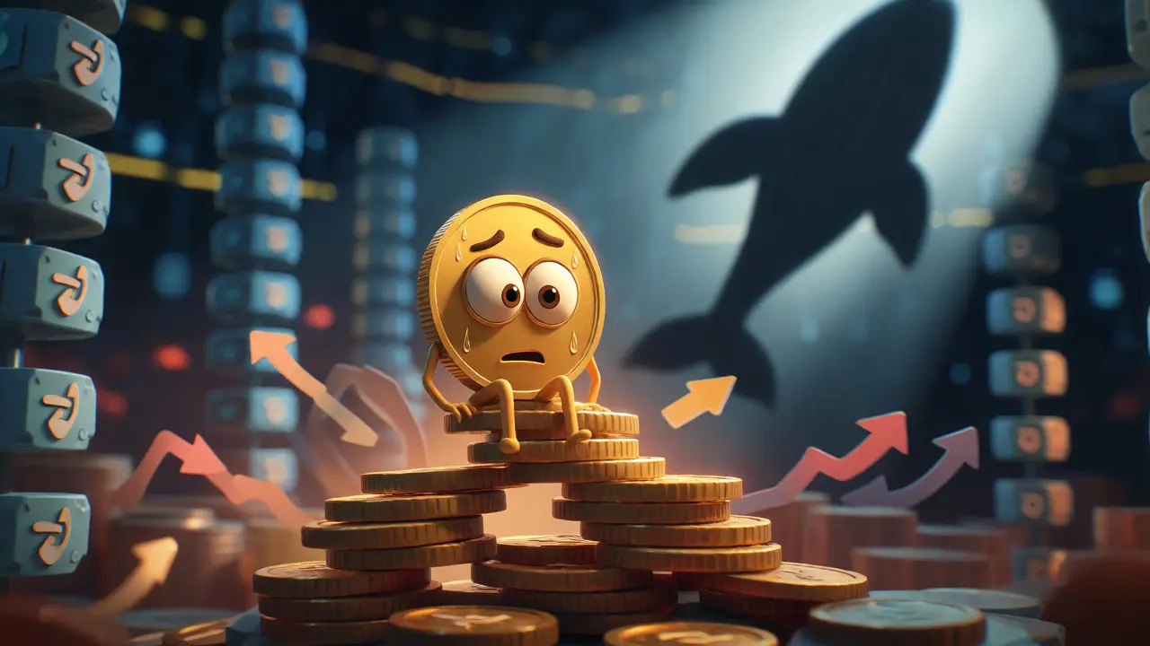 Tiny anxious gold coin character facing a giant whale shadow in a crypto vault