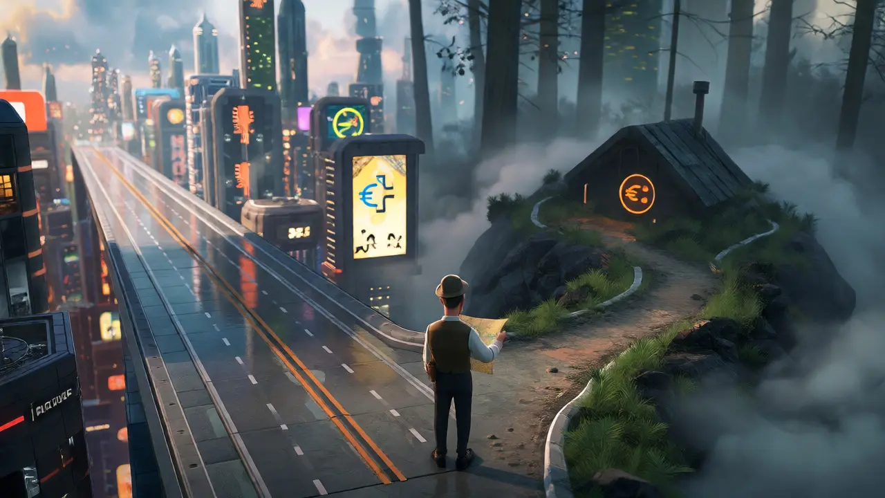 Trader choosing between busy city highway and misty niche forest path