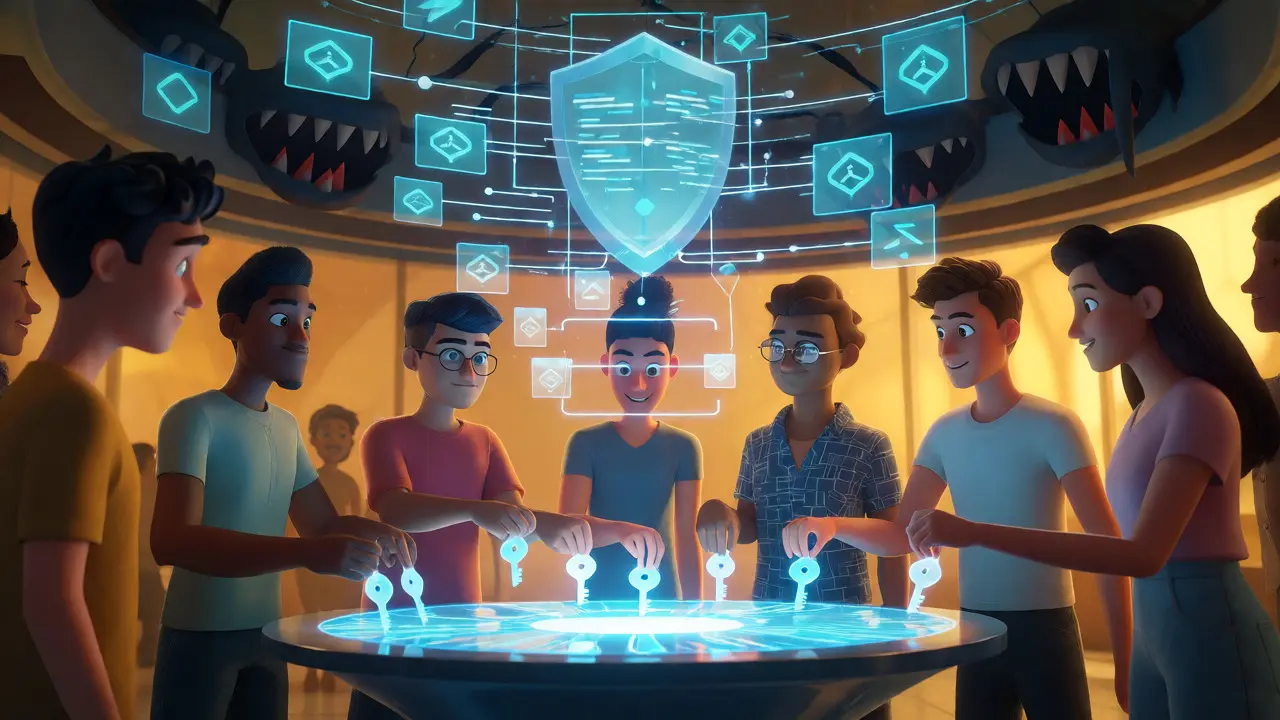 Users securing assets with private keys under a protective smart contract shield.