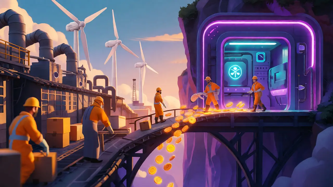 Whimsical bridge connecting a factory with wind turbines to a crypto vault